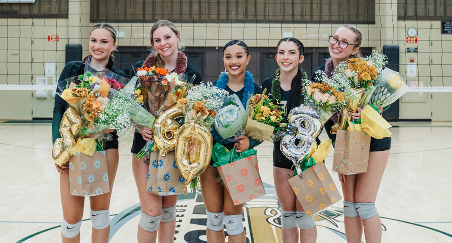Prior to the match, the women&rsquo;s volleyball program honored and thanked sophomores Alina Kalpin, Gabriella Rachal, and Gianna Ceccanti as well as Marian Orschell and Zoe Greer. (Photo by Zach Films)